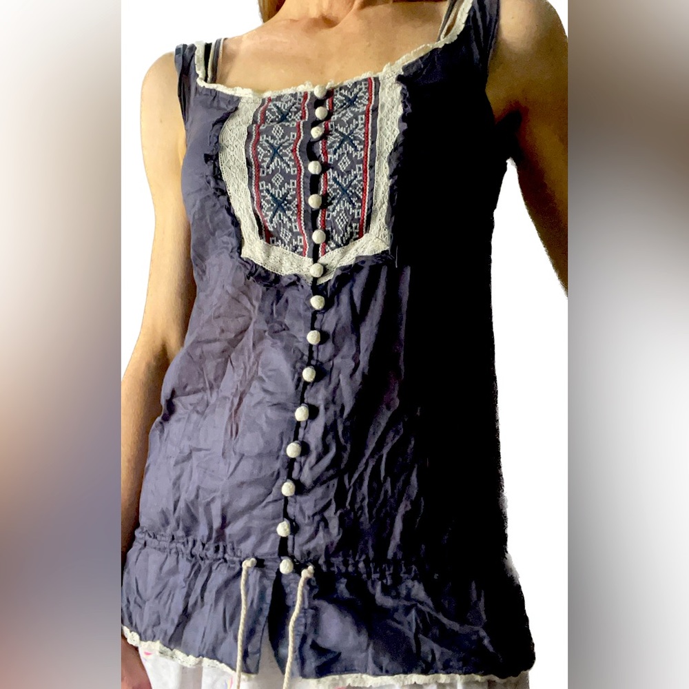 Navy Blue Embroidered Tank Top